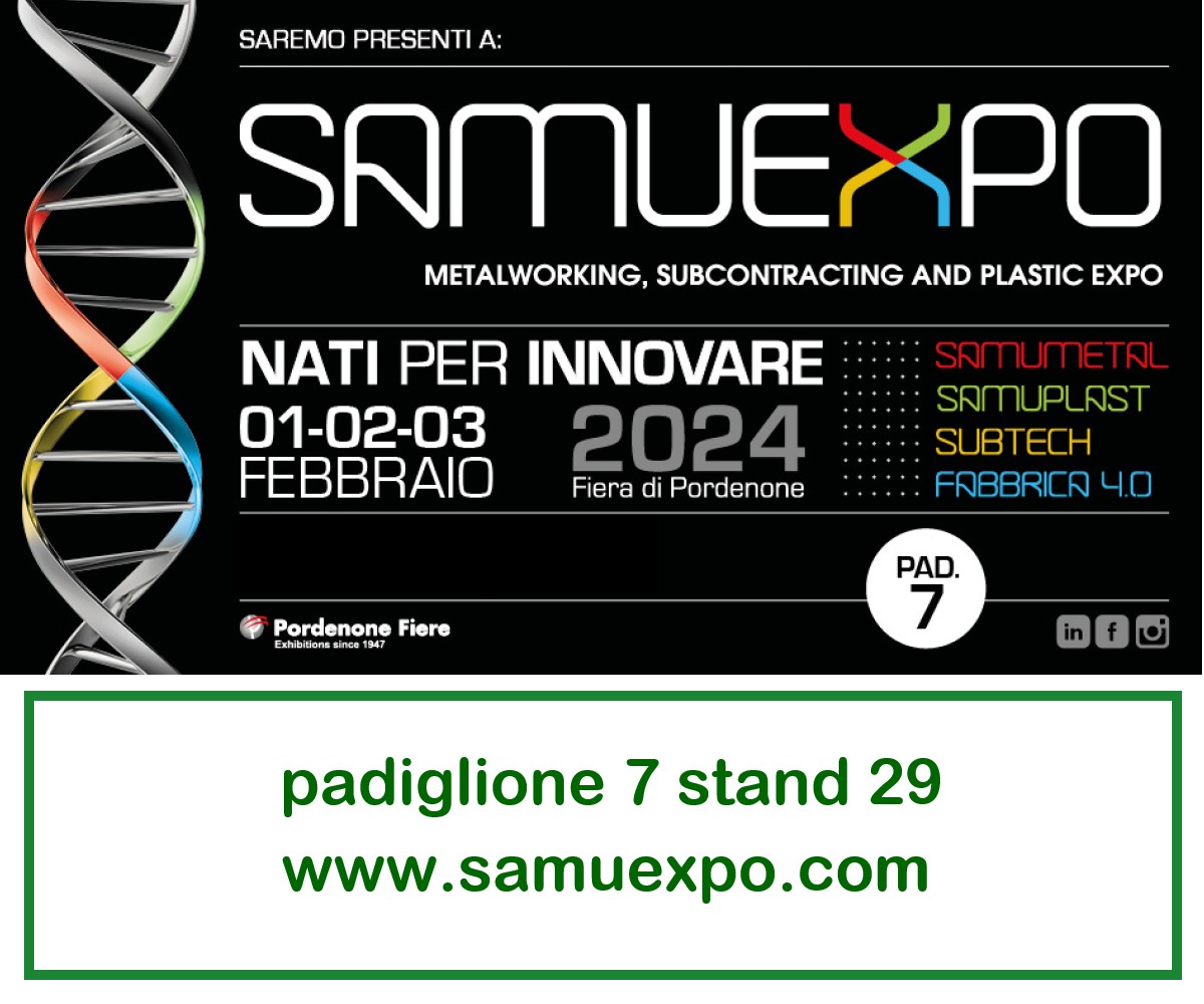 Locandina SAMUEXPO comprende 4 saloni: Samumetal, Samuplast, Subtech e Fabbrica 4.0. Soluzioni professionali Euromask®